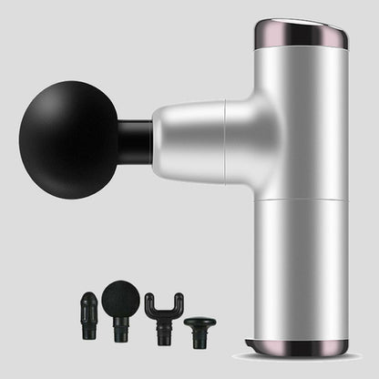 Handheld massage gun with attachments on a light gray background