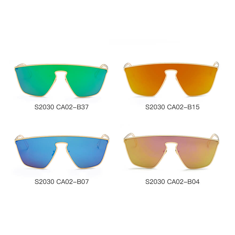 Four pairs of sunglasses with different colored lenses on a white background