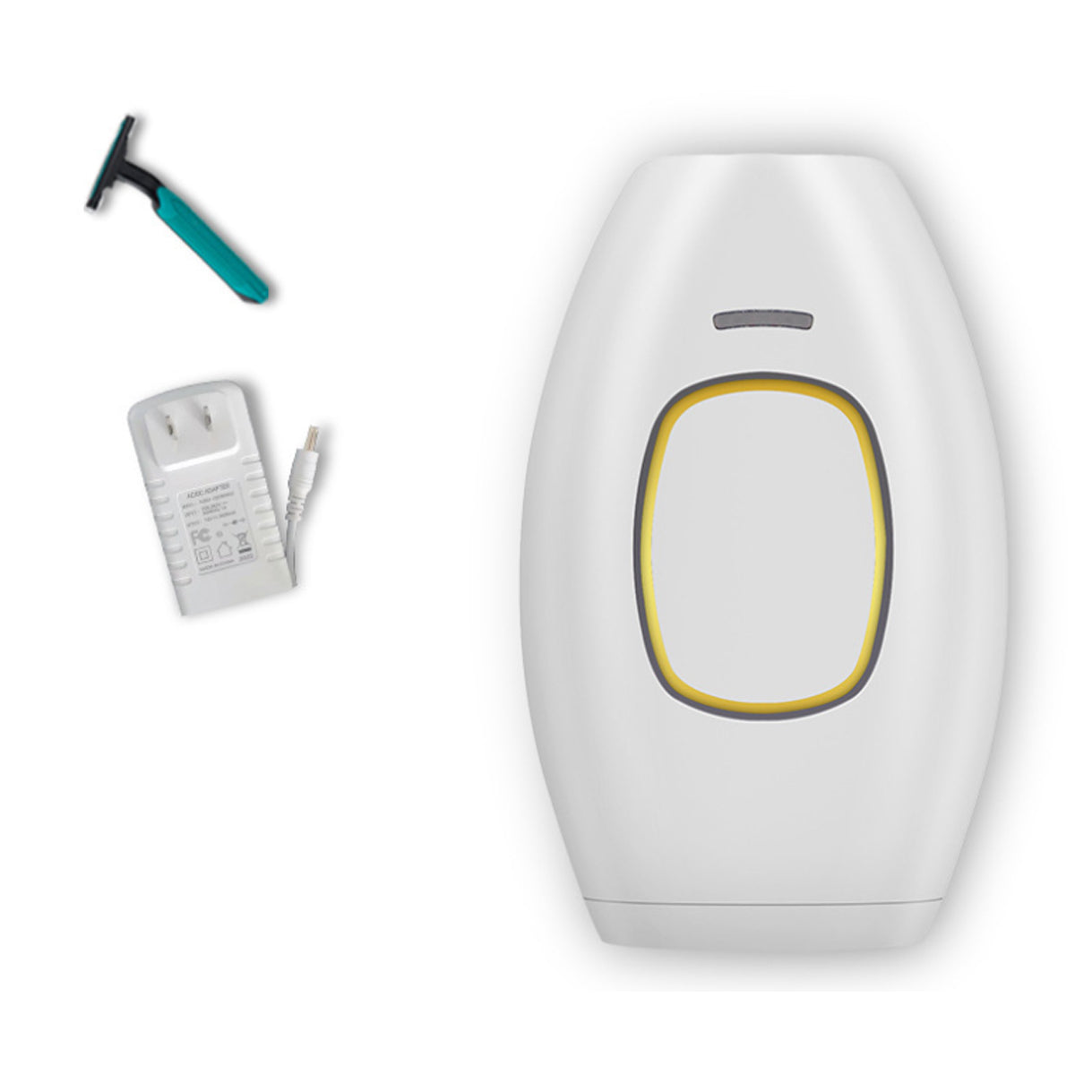 Hair removal device with attachments on a white background