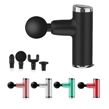 Black massage gun with multiple attachments on a white background