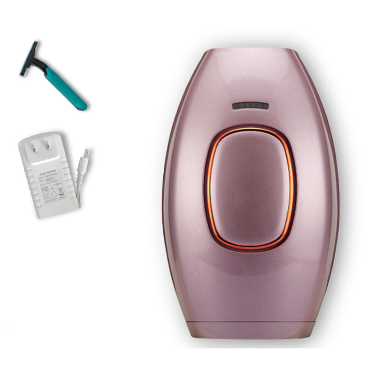 Pink hair removal device with accessories on a white background