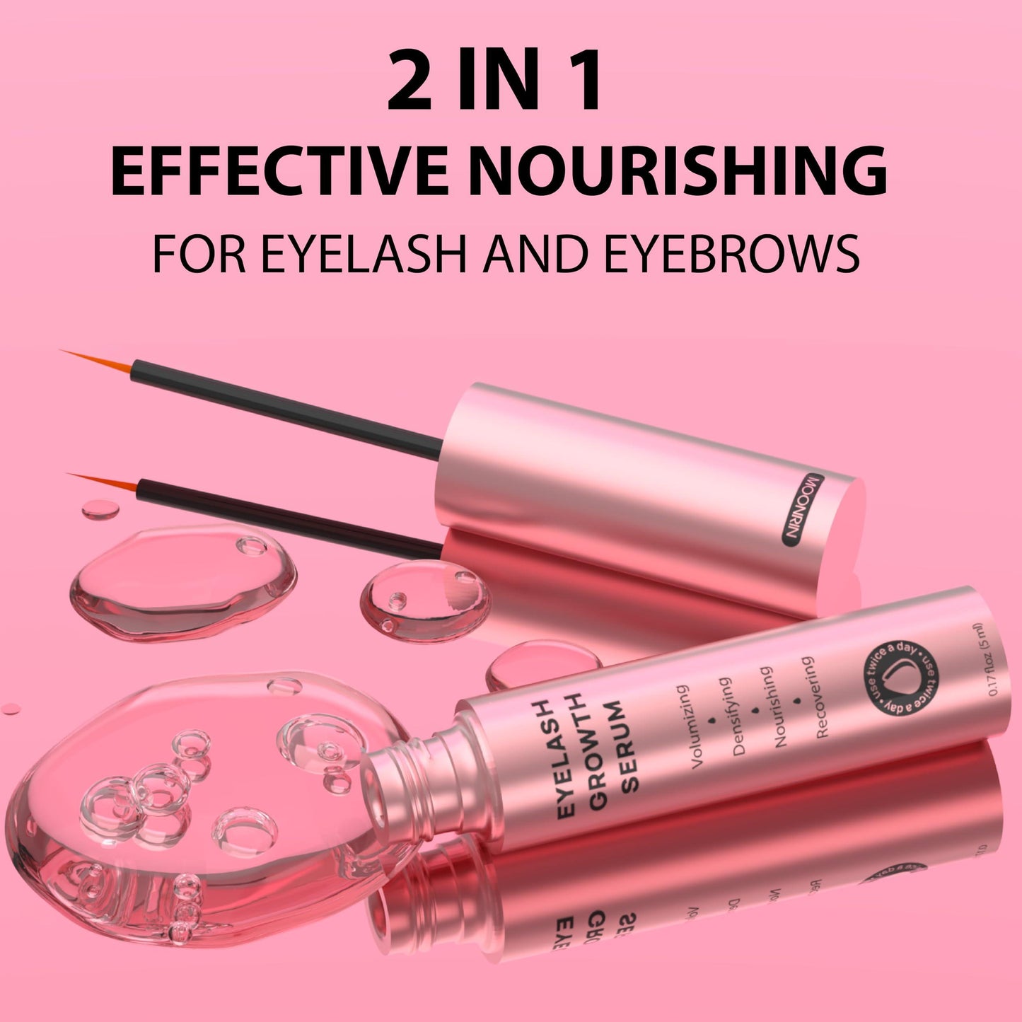 Eyelash growth serum with applicator on a pink background, labeled '2 in 1 Effective Nourishing for Eyelash and Eyebrows'.