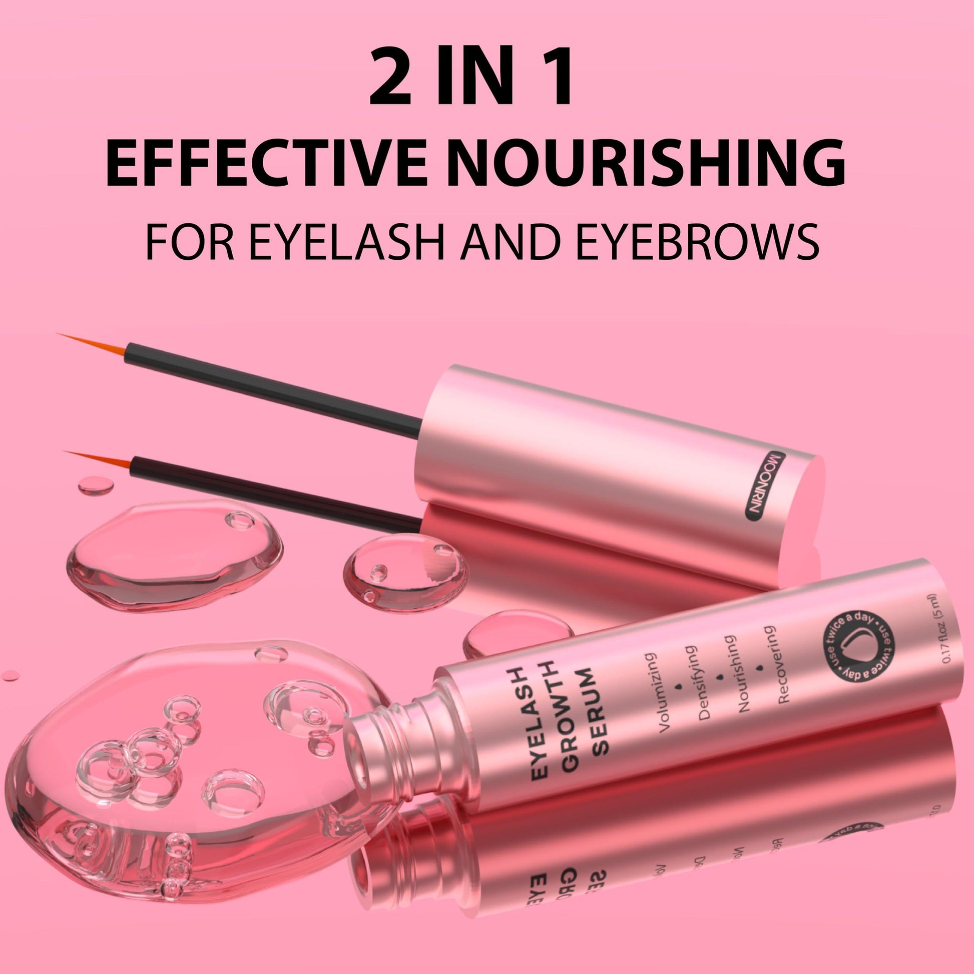 Eyelash growth serum with applicator on a pink background, labeled '2 in 1 Effective Nourishing for Eyelash and Eyebrows'.