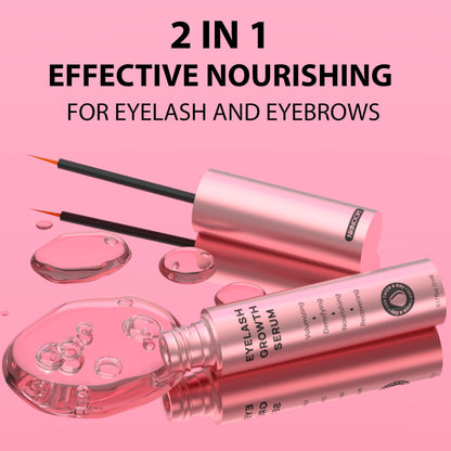 Eyelash growth serum with applicator on a pink background, labeled '2 in 1 Effective Nourishing for Eyelash and Eyebrows'.