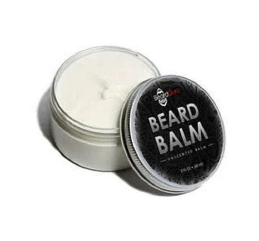 Beard balm container with open lid on a white background