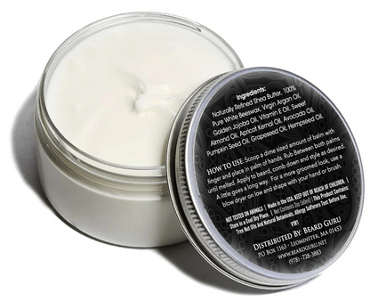 Jar of BeardGuru  beard balm, unscented with a black lid showing ingredients on a white background