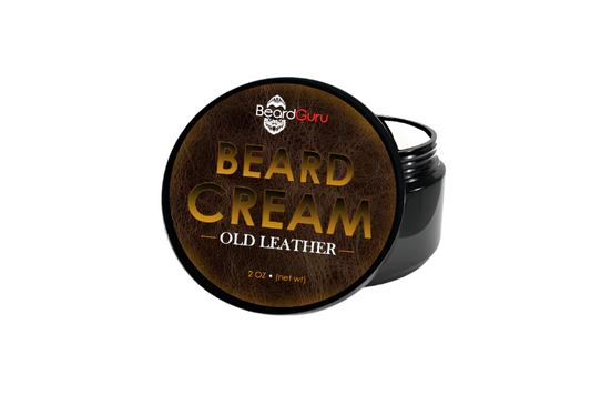 Beard cream container with wooden lid labeled 'BeardGuru' on a white background