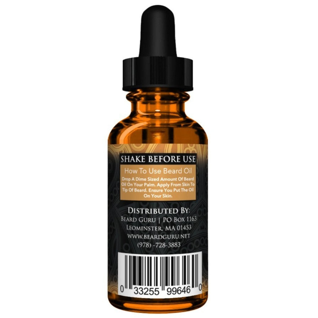 Beard Guru Beard Oil in a brown glass bottle with black dropper labeled 'Shake Before Use' on a white background