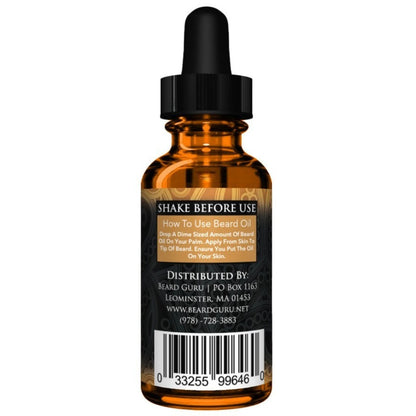 Beard Guru Beard Oil in a brown glass bottle with black dropper labeled 'Shake Before Use' on a white background