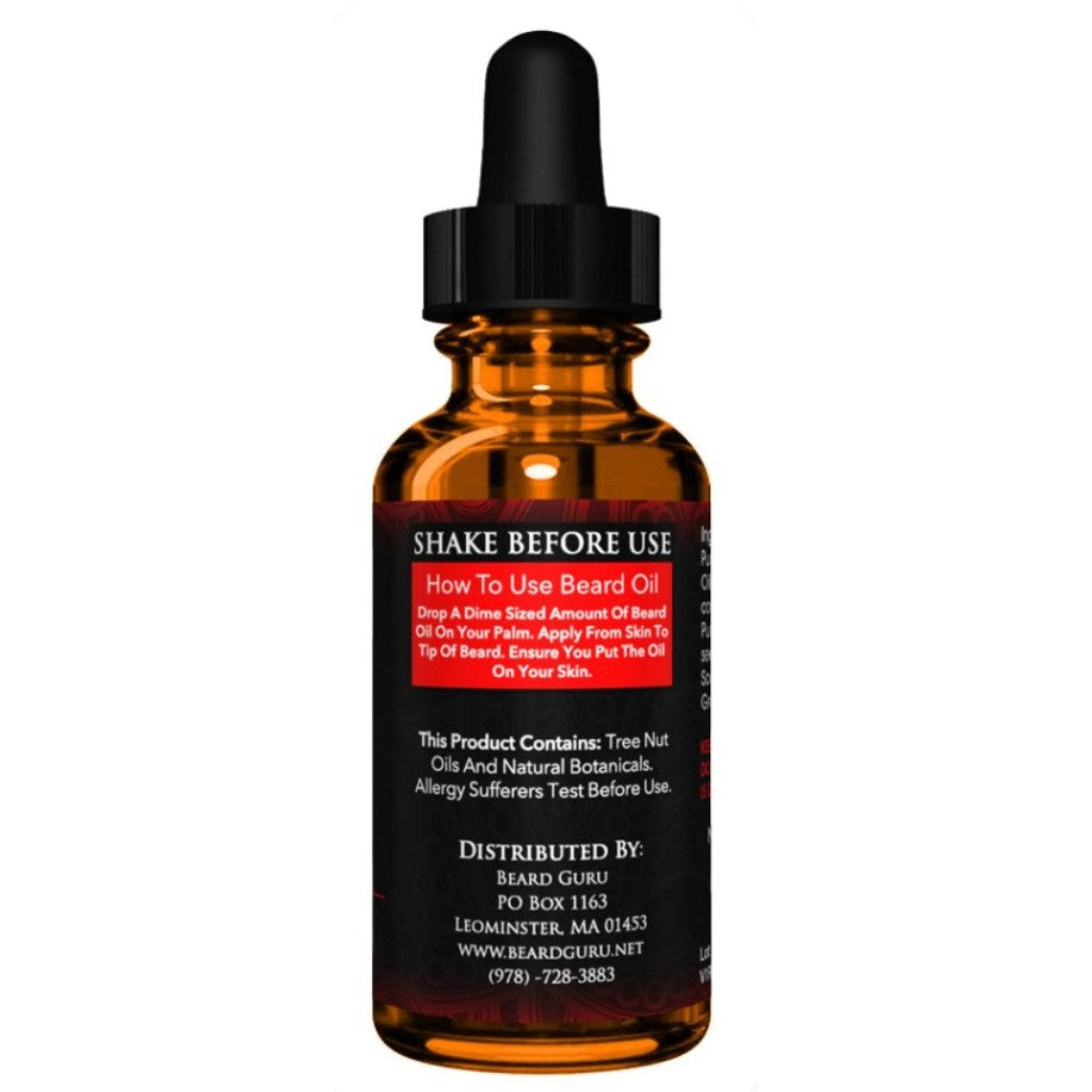 Beard Guru Beard oil dropper bottle with label on a white background