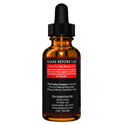 Beard Guru Beard oil dropper bottle with label on a white background