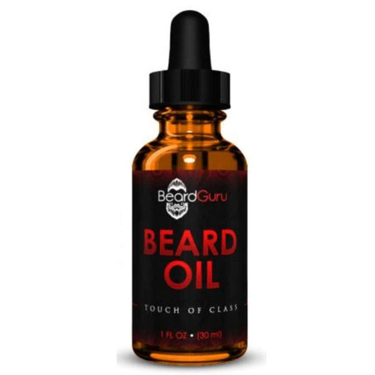 Bottle of BeardGuru beard oil with a dropper on a white background