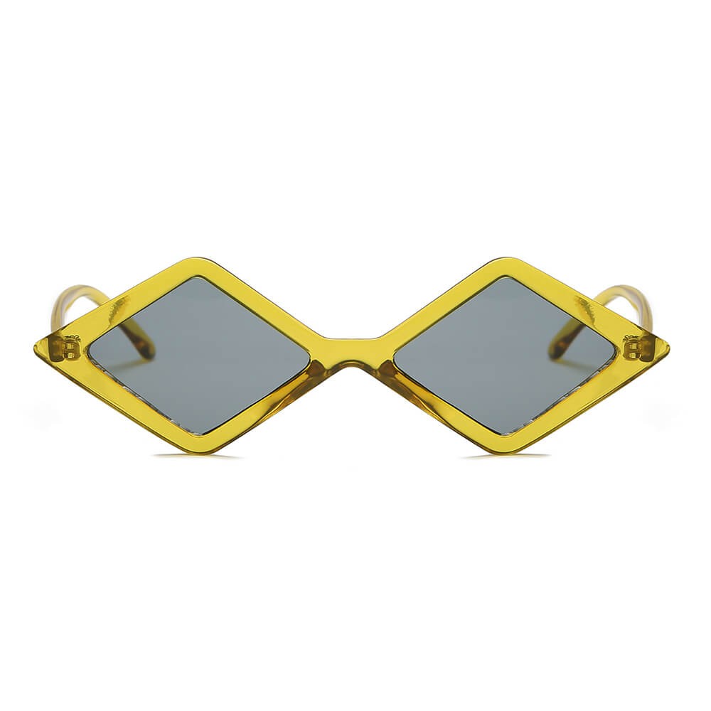 Gold-framed sunglasses with gray lenses on a white background