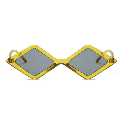 Gold-framed sunglasses with gray lenses on a white background