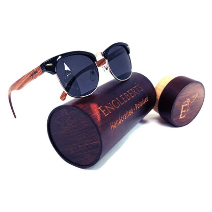 Sunglasses with wooden frame and case on a white background, featuring the brand 'Englebert'.
