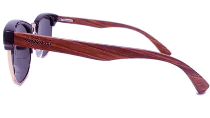 Sunglasses with wooden frame and 'Emporio Armani' branding on a white background