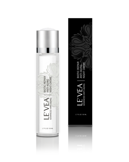 Levea skincare bottle and packaging on a white background