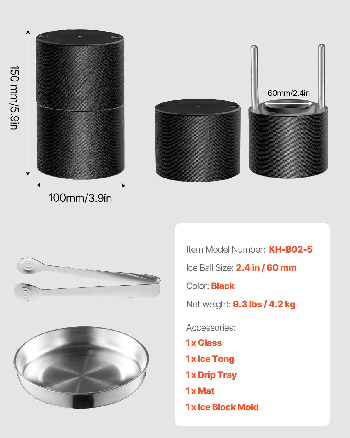 VEVOR Sphere Ice Press Kit 2.4" (60mm) with Tong and Drip Tray