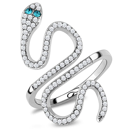 Silver snake-shaped ring with gemstones on a white background