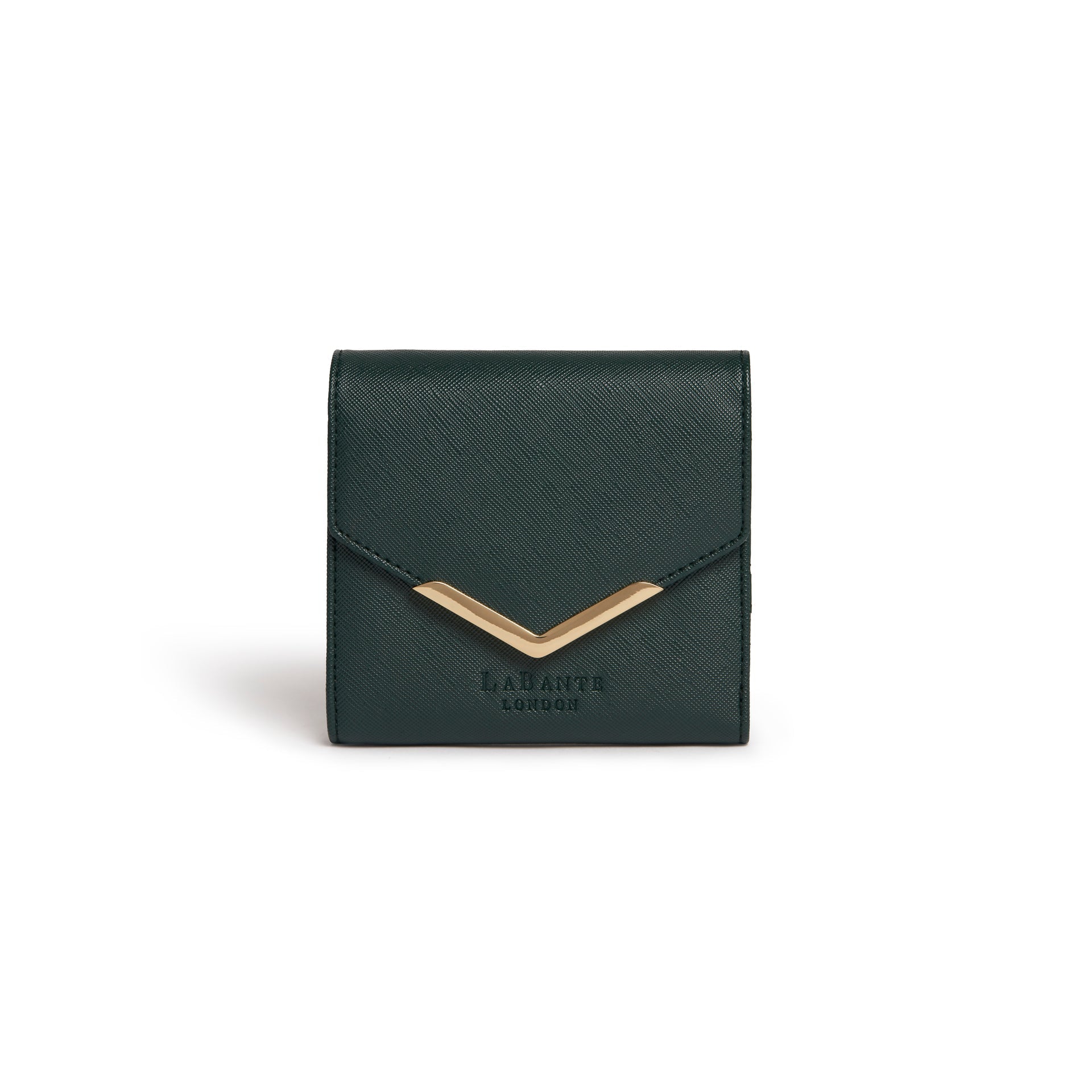 Dark Green wallet with gold accents on a white background
