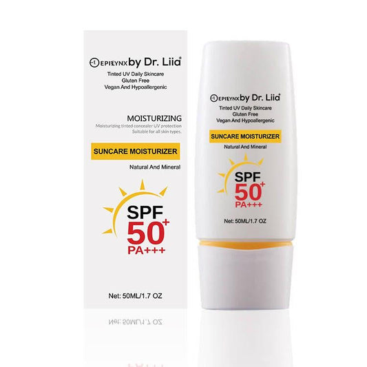 Dr. Liia sunscreen bottle SPF 50 and packaging on a white background