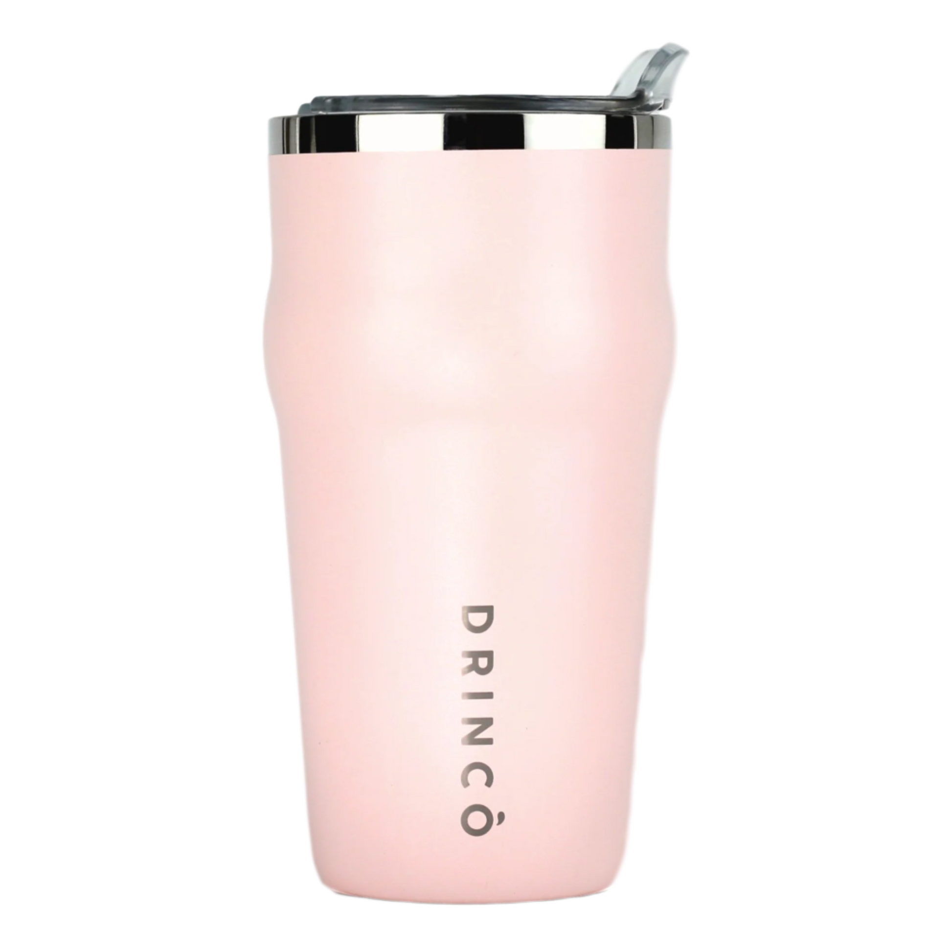 Pink insulated tumbler with silver lid on a white background