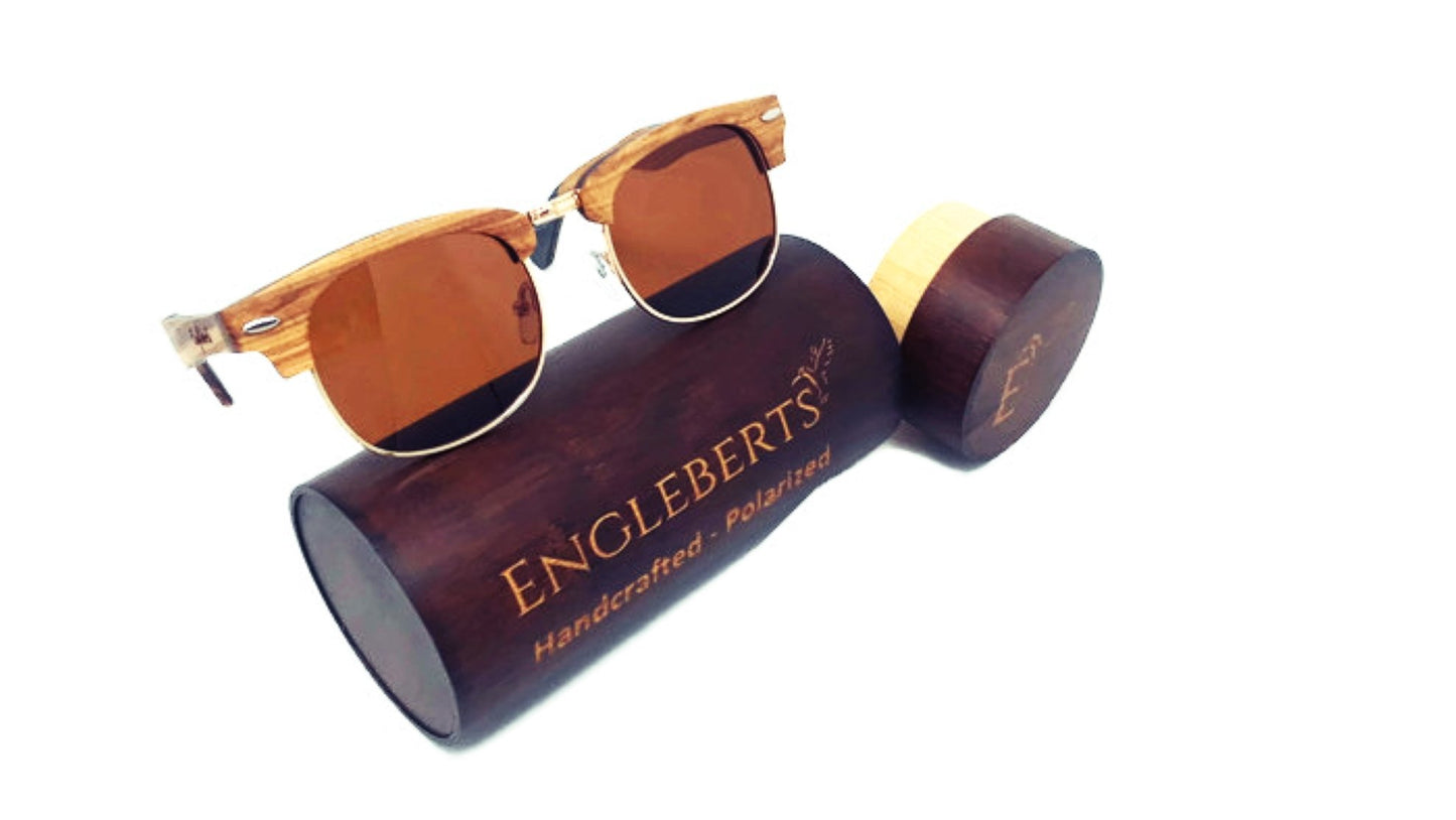 Englebert's Real Ebony and ZebraWood Sunglasses with Bamboo Case, Tea Polarized