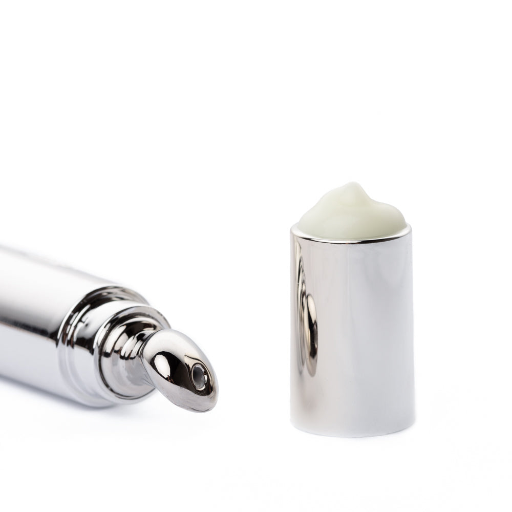 Dr Liia anti-ageing eye cream with a silver cap on a white background