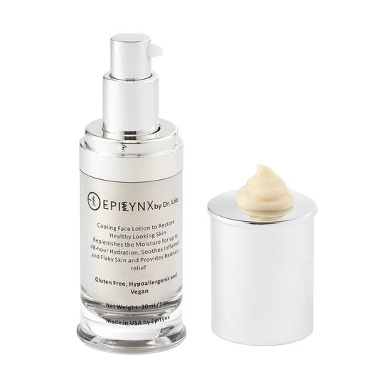 EpiLynx by Dr. Liia Skincare bottle with a pump and a small container of cream on a white background