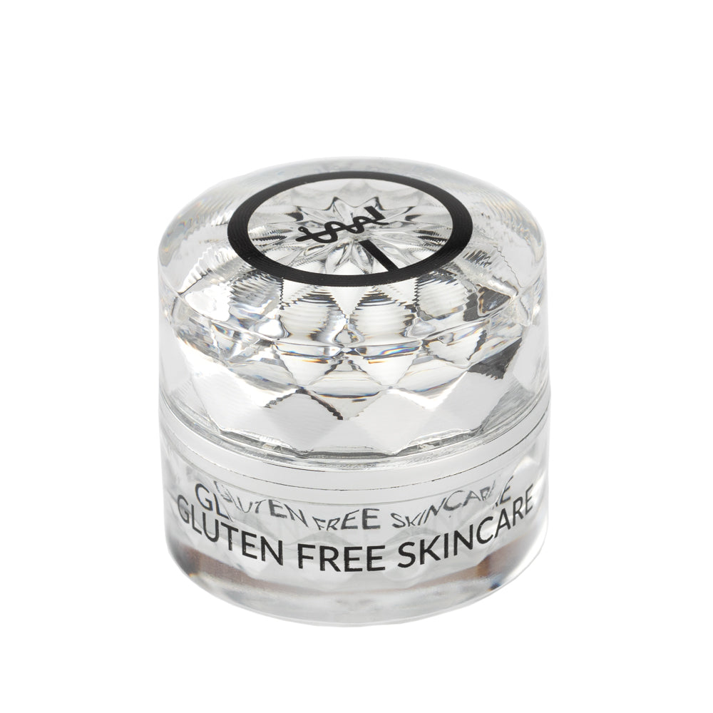 Clear jar of gluten-free EpiSilk eye cream product with a black label on a white background