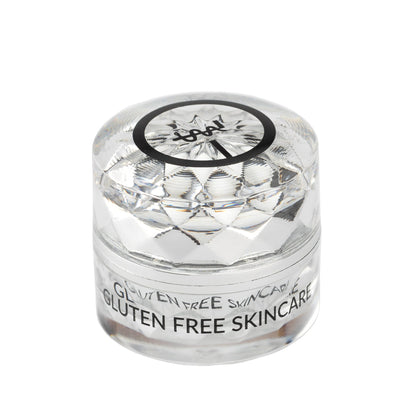 Clear jar of gluten-free EpiSilk eye cream product with a black label on a white background