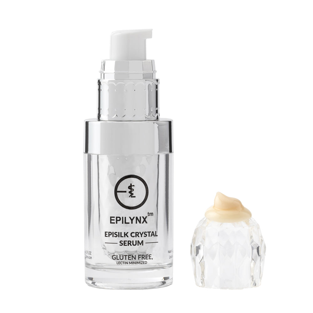 Epilynx Episilk crystal serum bottle on a white background