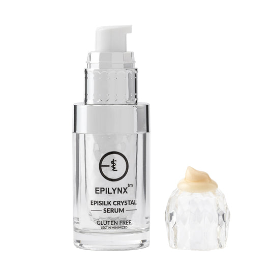 Epilynx Episilk crystal serum bottle on a white background