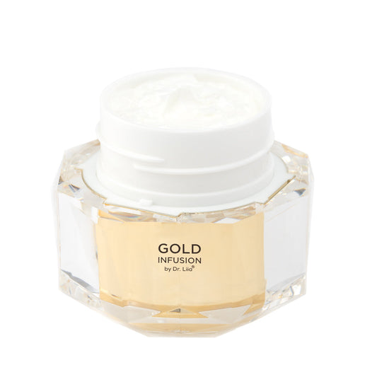 Skincare jar labeled 'Gold Infusion by Dr. Liia' on a white background