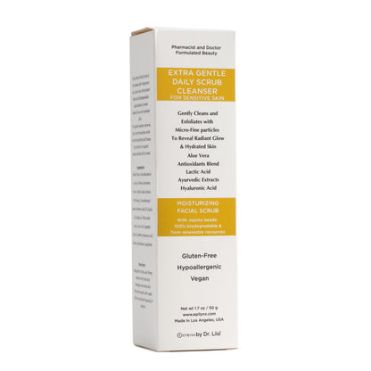 Box that includes EpiLynx by Dr. Liia Extra Gentle Daily Scrub Cleanser on a white background
