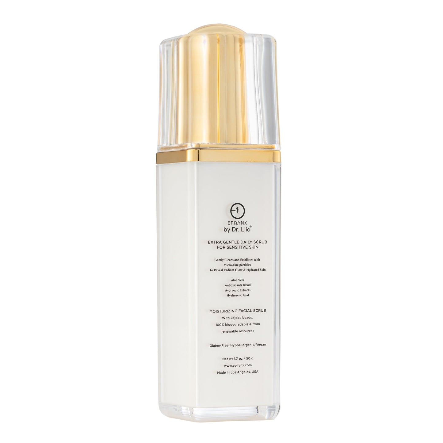 EpiLynx by Dr. Liia Extra Gentle Daily Scrub — Hyaluronic Acid, Aloe Vera & Biodegradable Jojoba Beads for Sensitive Skin bottle with gold cap on a white background