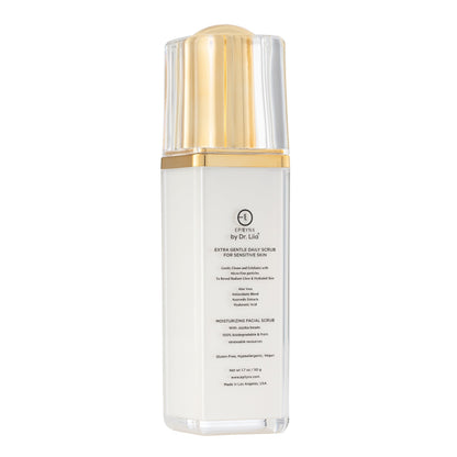 EpiLynx by Dr. Liia Extra Gentle Daily Scrub — Hyaluronic Acid, Aloe Vera & Biodegradable Jojoba Beads for Sensitive Skin bottle with gold cap on a white background