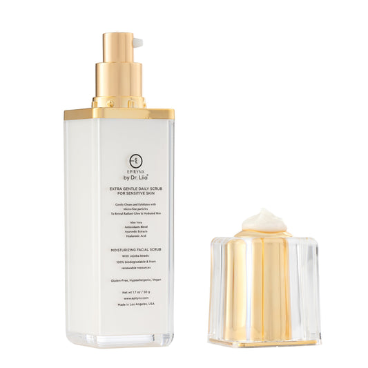 EpiLynx by Dr. Liia Extra Gentle Daily Scrub — Hyaluronic Acid, Aloe Vera & Biodegradable Jojoba Beads for Sensitive Skin with gold cap and white container on a white background