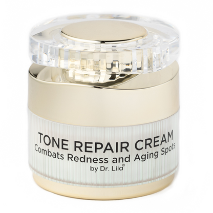 Tone repair cream jar with gold and clear design on a white background