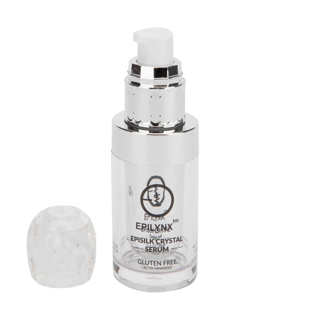 Epilynx Episilk crystal serum bottle with pump on a white background