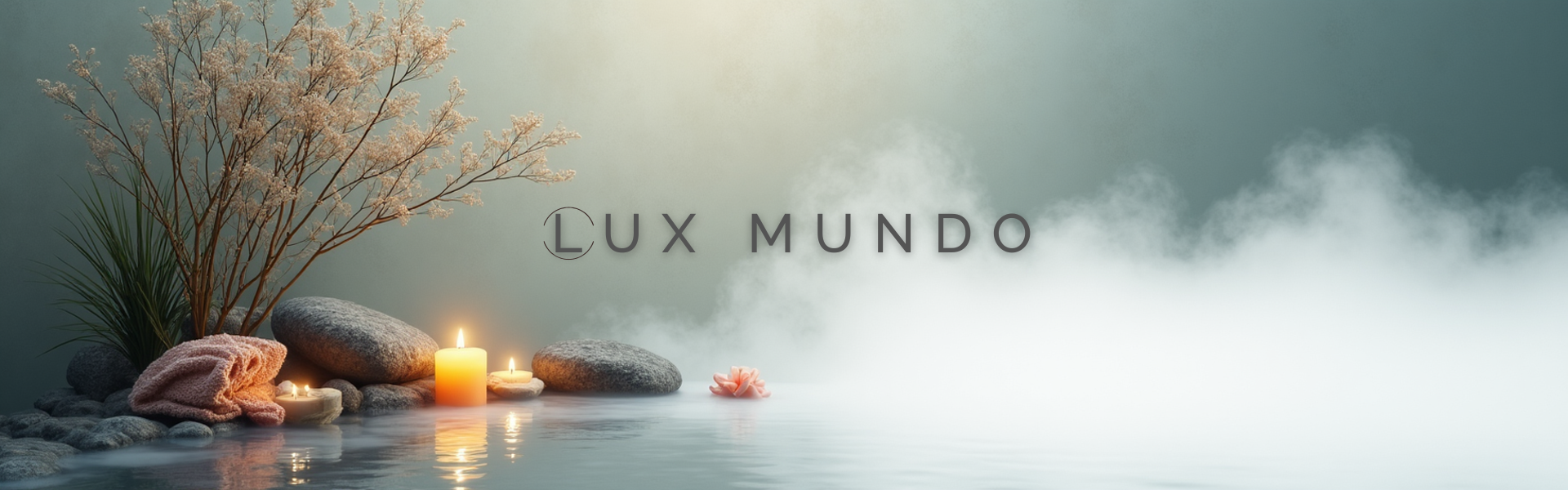 Candlelit scene with rocks, flowers, and 'LUX MUNDO' text on a misty background