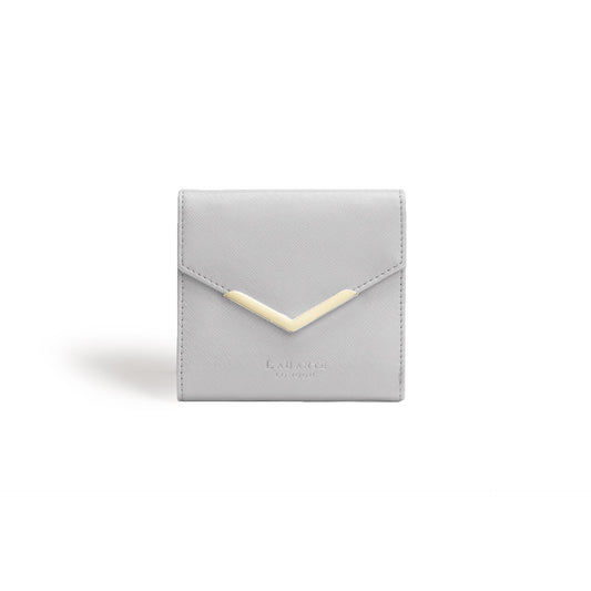 Small gray envelope-shaped pouch with a gold flap on a white background