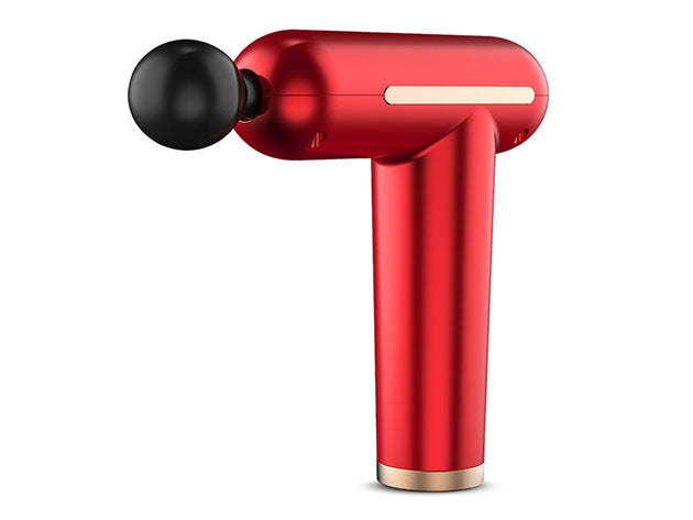 Red handheld massage device with black head on a white background