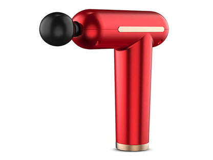 Red handheld massage gun with black head on a white background