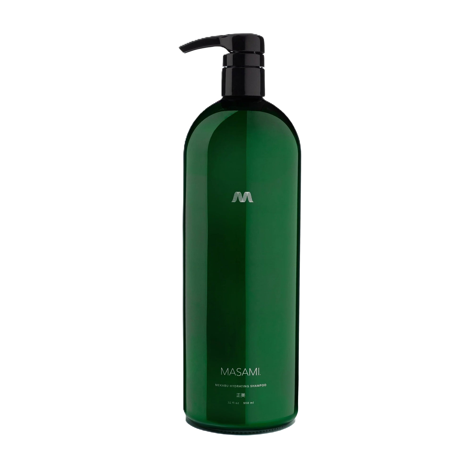 Green shampoo bottle with pump labeled 'MASAMI' on a white background