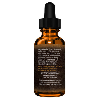 BeardGuru Beard Oil in an Amber glass dropper bottle with black cap on a white background