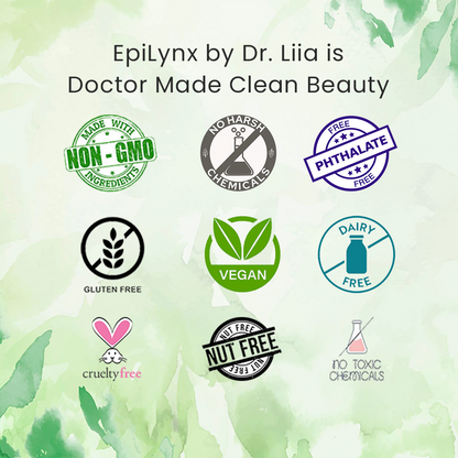 Collection of clean beauty certification logos on a green leafy background with text about Epilynx by Dr. Liia.