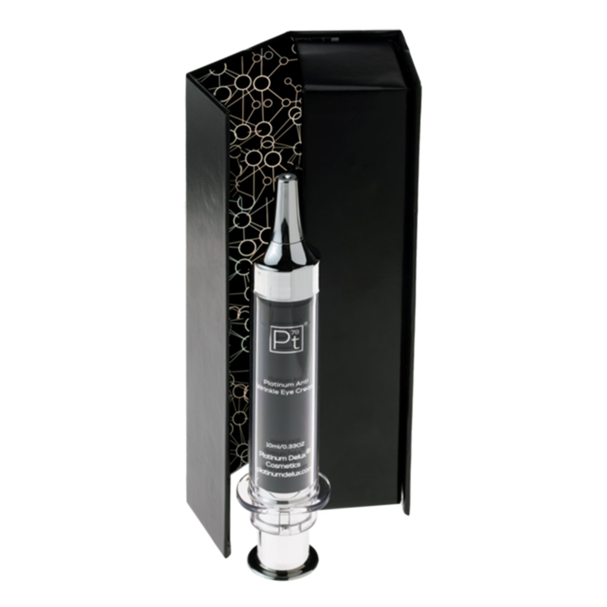 Skincare serum bottle with black packaging on a white background