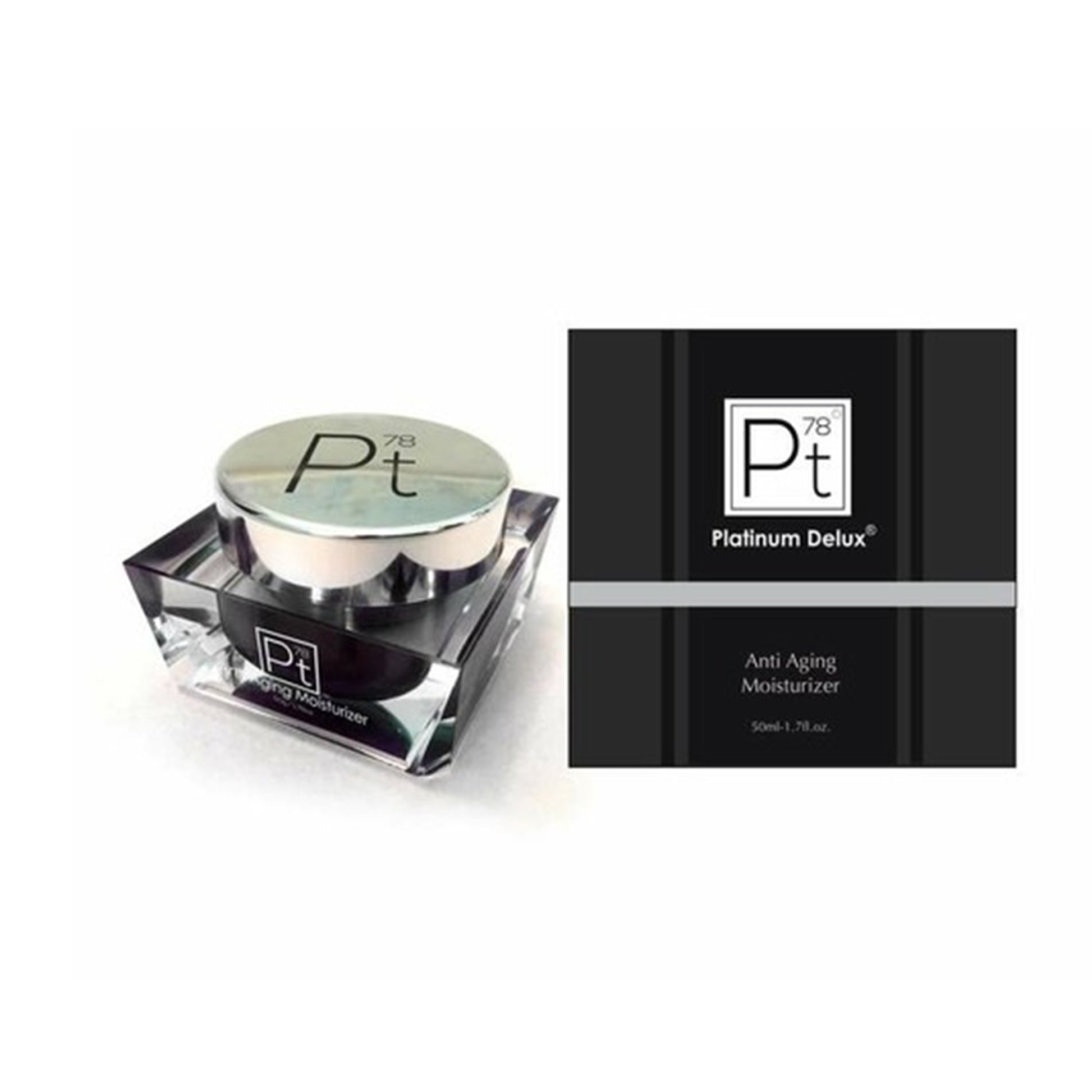 Platinum Delux anti-aging moisturizer jar and packaging on a white background