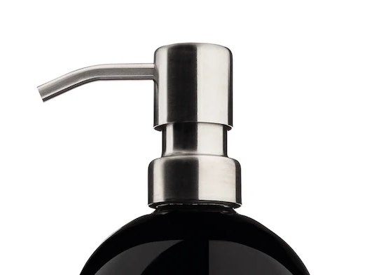 Black dispenser with silver pump on a white background